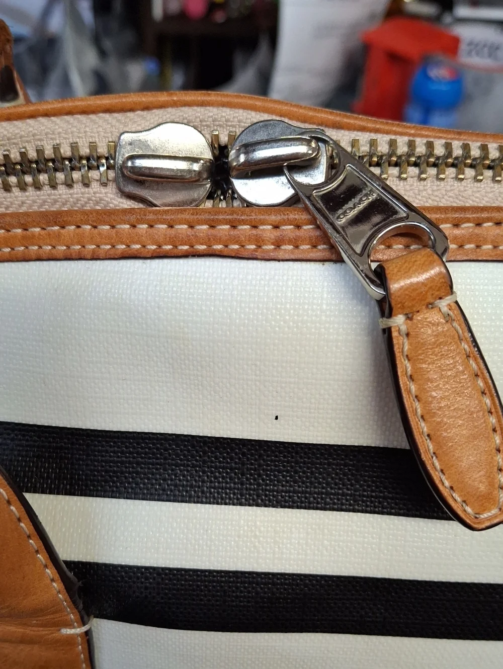 COACH Black & White Striped Tote with Tan Leather Trim Preloved